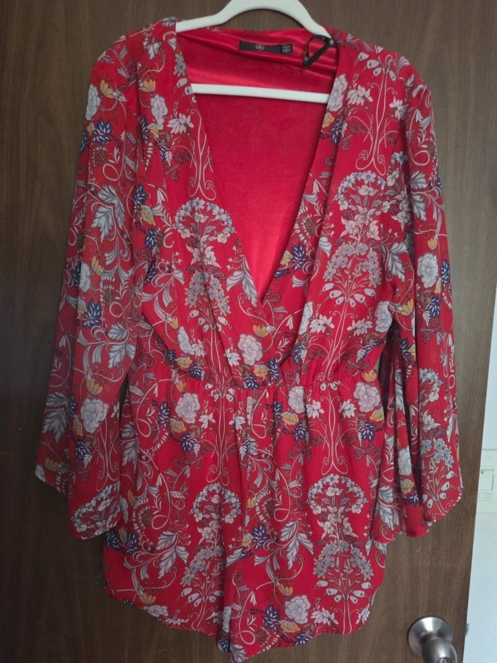 Missguided Red Floral Bell Sleeve Romper Sz 12